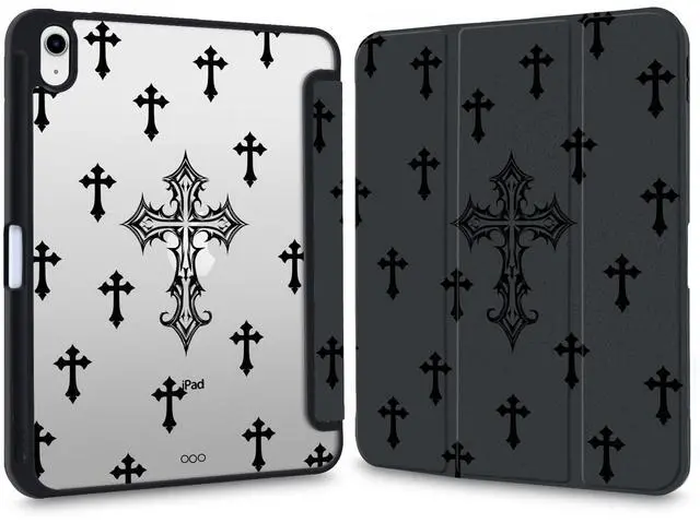 Main image of VibrantFruitique Y2k Gothic Case for iPad (A16) 11th Gen 2025 11"/10th Gen 2022 10.9" Goth Cross Clear Hard Back Hybrid Case,with Pencil Holder Trifold Stand Slim Tablet Cover for Women