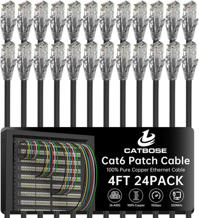 Main image of 4 Feet Cat6 Patch Cables(24 Pack), Solid Pure Copper Patch Cord, Cat 6 Ethernet Cable, UTP Network, High Speed RJ45 Internet Cables, Compatible for Router, Switche, PC, Server, PS4/5, Xbox - Black