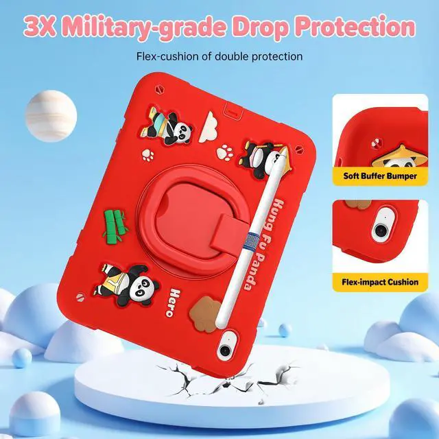 Alt view image 2 of 5 - YVYI Case for iPad A16 11th Generation 11 Inch 2025, iPad 10th Generation 10.9 Inch 2022, Silicone 3D Panda Design Kids Case Heavy Duty Protection with Kickstand/Pencil Holder/Strap (Red)