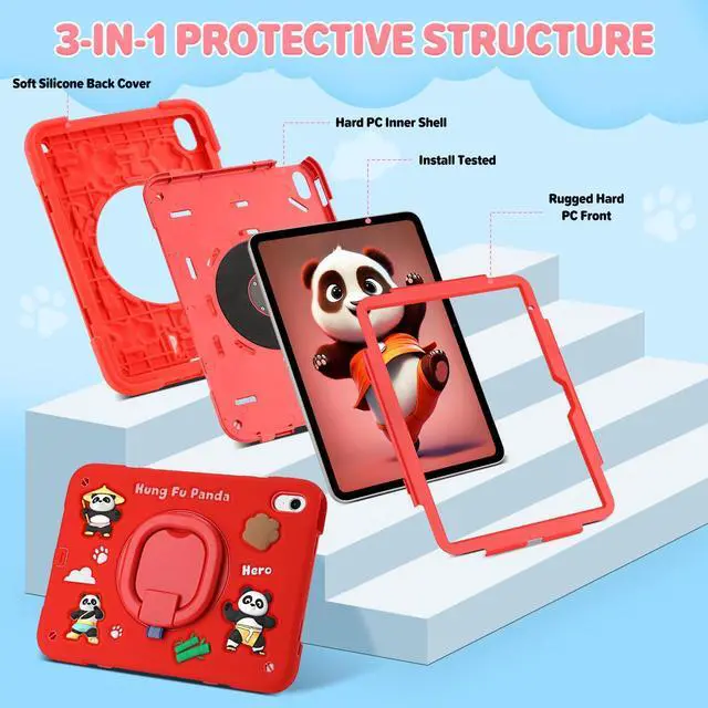 Alt view image 3 of 5 - YVYI Case for iPad A16 11th Generation 11 Inch 2025, iPad 10th Generation 10.9 Inch 2022, Silicone 3D Panda Design Kids Case Heavy Duty Protection with Kickstand/Pencil Holder/Strap (Red)