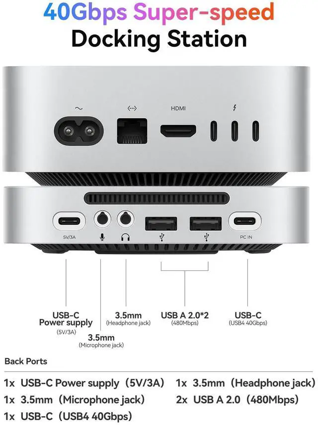 Alt view image 2 of 5 - ORICO MiniMate Pro+ 40Gbps Mac mini M4 Docking Stand & Hub with Built-in 2TB NVMe SSD (Non-Removable) Mac mini M4 and M4 Pro 2025, Aluminum USB4 Dock, 3.5mm Audio I/O, 2×USB-A, Compatible with USB4