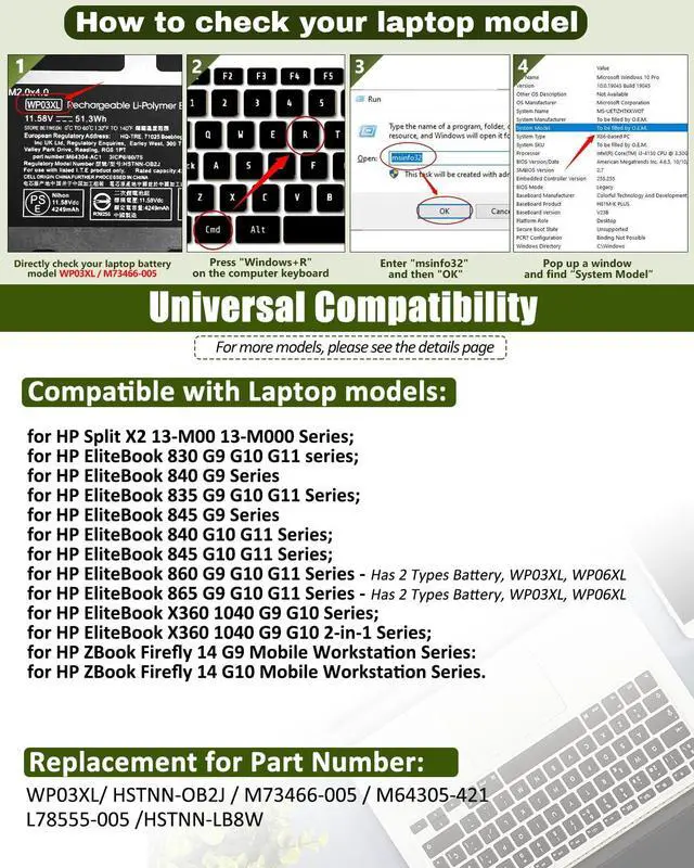 Alt view image 3 of 5 - bossfulton WP03XL M73466-005 51.3Wh Battery for HP EliteBook 830 835 840 845 860 865 G9 G10 G1 Series