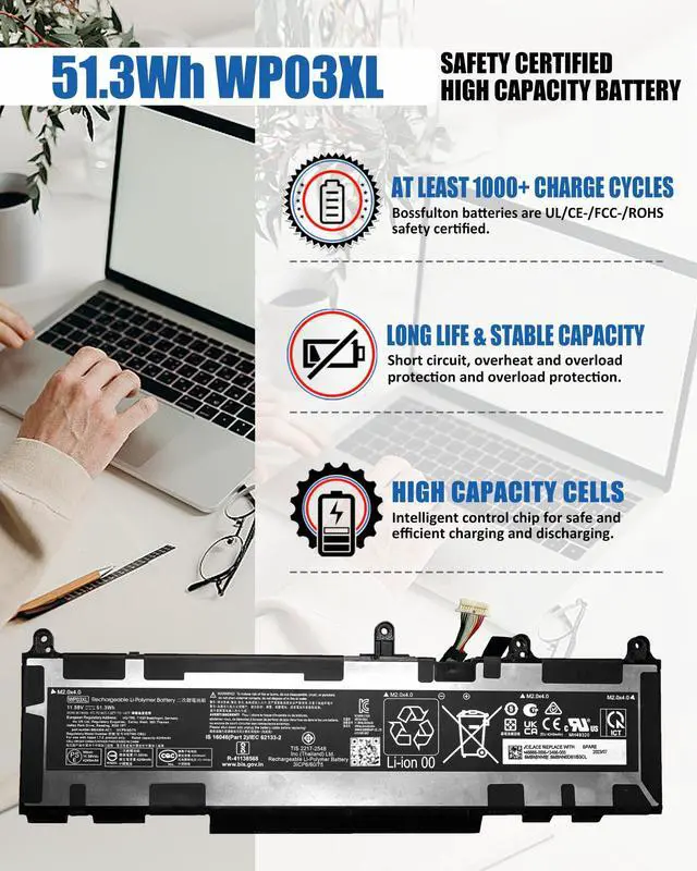 Alt view image 2 of 5 - bossfulton WP03XL M73466-005 51.3Wh Battery for HP EliteBook 830 835 840 845 860 865 G9 G10 G1 Series