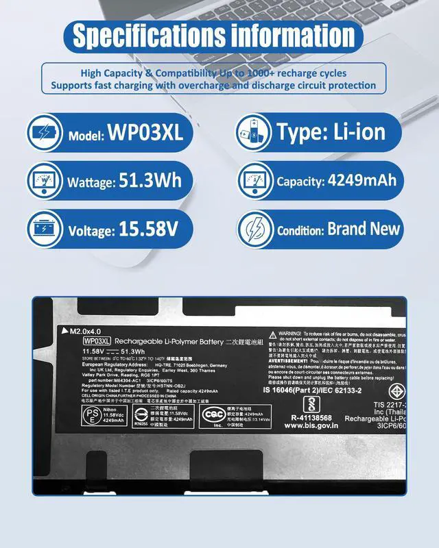 Alt view image 4 of 5 - bossfulton WP03XL M73466-005 51.3Wh Battery for HP EliteBook 830 835 840 845 860 865 G9 G10 G1 Series