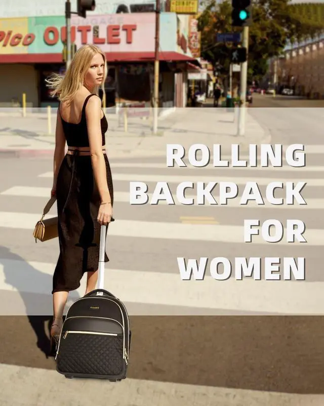 Alt view image 2 of 5 - Arcoyard Small Rolling Backpack for Women, Lightweight Travel Backpack with Wheels, Roller Backpack for Adults, Water Resistant Rolling Laptop Bag, Wheeled Underseat Carry On Luggage, Black Gold