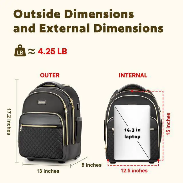 Alt view image 3 of 5 - Arcoyard Small Rolling Backpack for Women, Lightweight Travel Backpack with Wheels, Roller Backpack for Adults, Water Resistant Rolling Laptop Bag, Wheeled Underseat Carry On Luggage, Black Gold