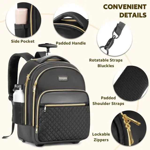 Alt view image 4 of 5 - Arcoyard Small Rolling Backpack for Women, Lightweight Travel Backpack with Wheels, Roller Backpack for Adults, Water Resistant Rolling Laptop Bag, Wheeled Underseat Carry On Luggage, Black Gold