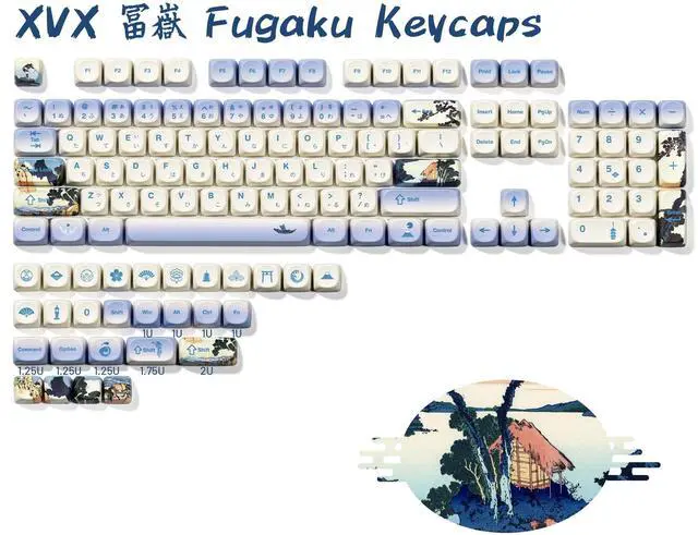 Alt view image 2 of 5 - OHY XVX MOA Profile Japanese Fuji Mountain Theme Keycaps Set, 132 - Key Blue & Creamy White Custom Keycaps for US Layout Mechanical Keyboards -Blue and White