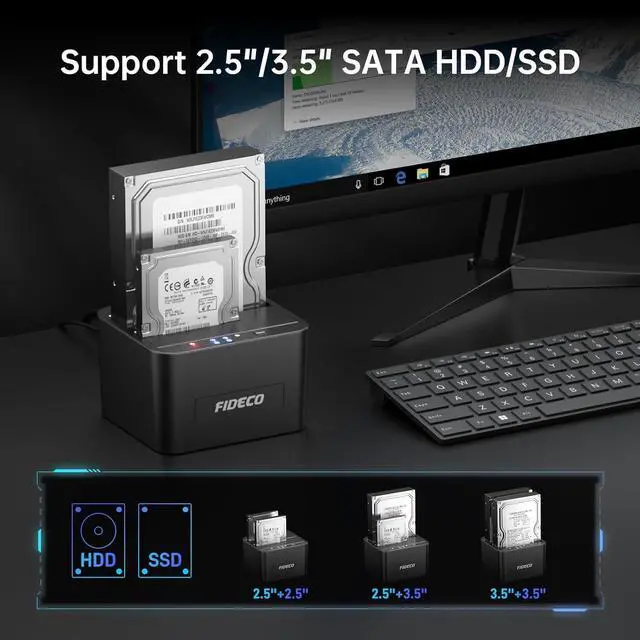 Alt view image 4 of 5 - FIDECO External Hard Drive Docking Station, Hard Drive Dock for 2.5 and 3.5 inch SATA HDD SSD, HDD Docking Station with Dual Bay, USB 3.0 Hard Drive Reader, Support Offline Clone and UASP
