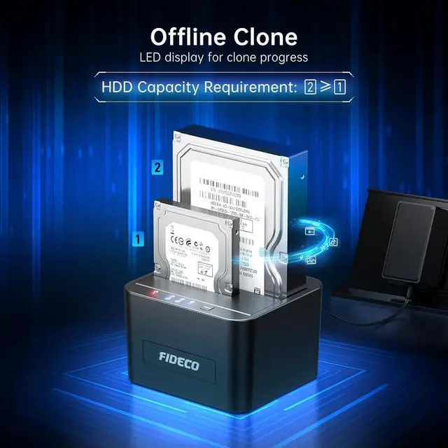 Alt view image 3 of 5 - FIDECO External Hard Drive Docking Station, Hard Drive Dock for 2.5 and 3.5 inch SATA HDD SSD, HDD Docking Station with Dual Bay, USB 3.0 Hard Drive Reader, Support Offline Clone and UASP