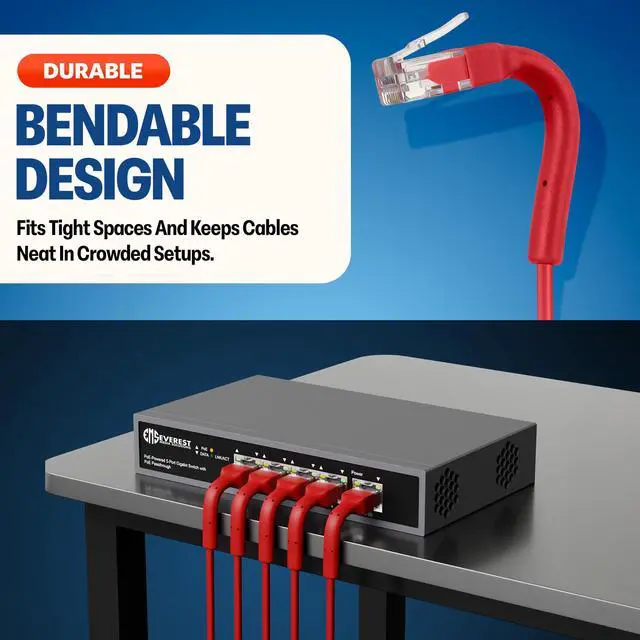 Alt view image 2 of 5 - Everest Ultra Slim Cat6a Ethernet Patch Cables 3ft (10-Pack) Red - 10GB Cat 6a Patch Cable - Bendable, Flexible & Thin Ethernet Cable - Space Saving 32AWG 550MHZ Cat6a Cables - 100% Copper Wires