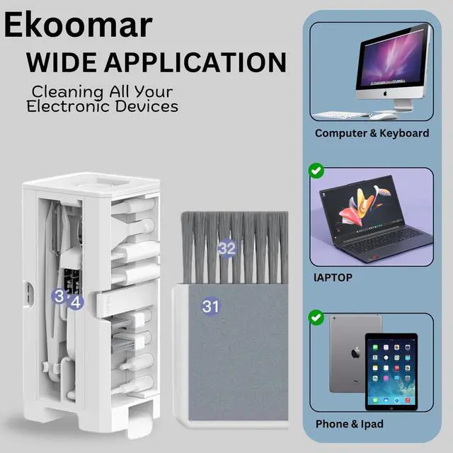 Alt view image 2 of 5 - Ekoomar 32-in-1 Electronics Cleaning Kit - Keyboard, Phone, Computer & Laptop Cleaner Kit - Compatible for MacBook, AirPods & iPhone Charger Port Cleaning Tool - Tech Gadget Cleaner - White