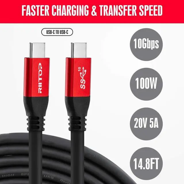 Alt view image 2 of 5 - RIITOP USB C to C Cable [4.5m/14.8FT], USB 3.1 Type-C (Gen 2) Long Cable 10Gbps 20V 5A Charging Video Cord with E-Marker