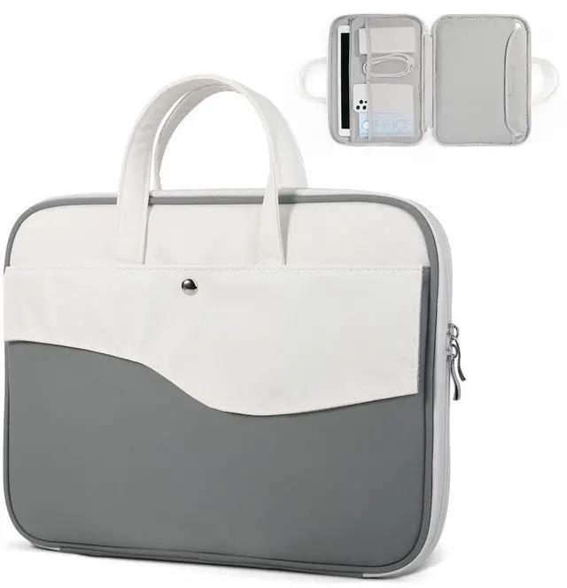 Main image of DTTO 14 Inch Laptop Sleeve Case, TSA Waterproof PU Leather Computer Carrying Case Shockproof Protective Laptop Bag with Handle for 13-14" MacBook HP Dell Lenovo ASUS Acer Chromebook, Gray White