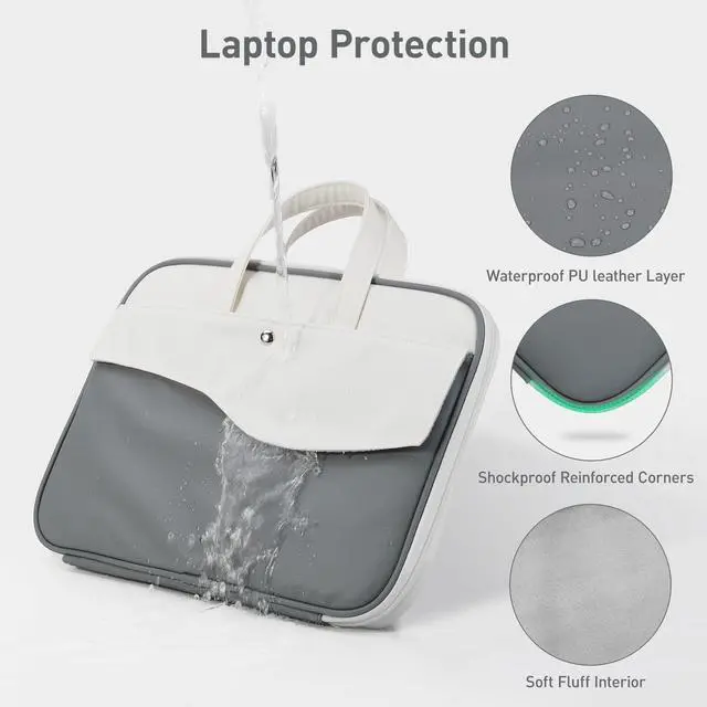 Alt view image 4 of 5 - DTTO 14 Inch Laptop Sleeve Case, TSA Waterproof PU Leather Computer Carrying Case Shockproof Protective Laptop Bag with Handle for 13-14" MacBook HP Dell Lenovo ASUS Acer Chromebook, Gray White