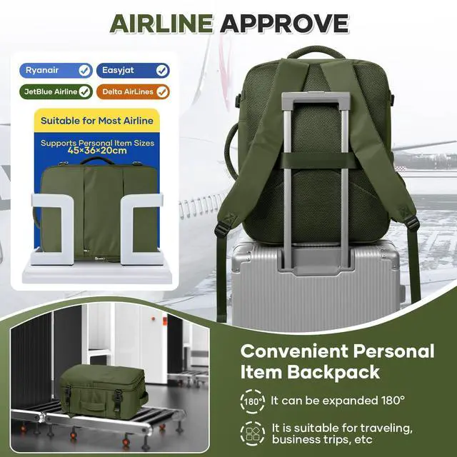 Alt view image 5 of 5 - UPPACK Travel Backpack For Women Men Carry on Backpack Luggage Flight Approved Personal item Travel Bag Essentials Mochila de viaje Laptop Backpack Large Olive Green