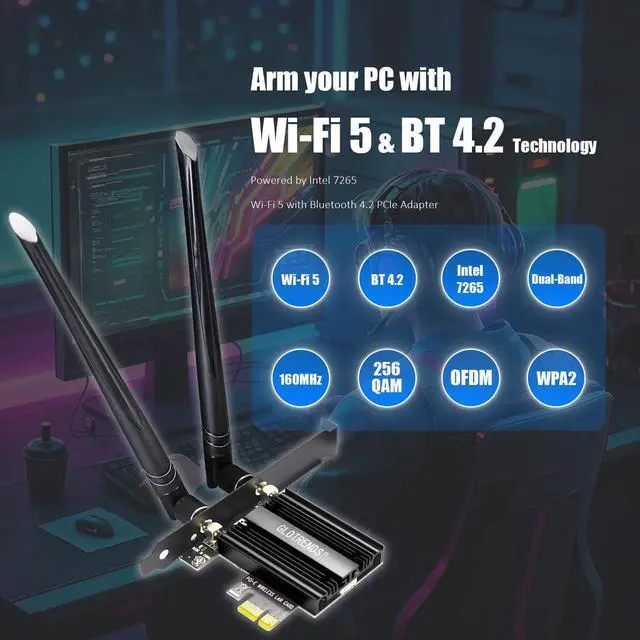 Alt view image 2 of 5 - GLOTRENDS AC1200 WiFi 5 PCIe Card with Low-Profile Bracket for Desktop PC, Intel 7265 Chip, 802.11ac, Bluetooth 4.2, Support Windows 11/10/7/Linux, Not Support Mac OS/Windows XP