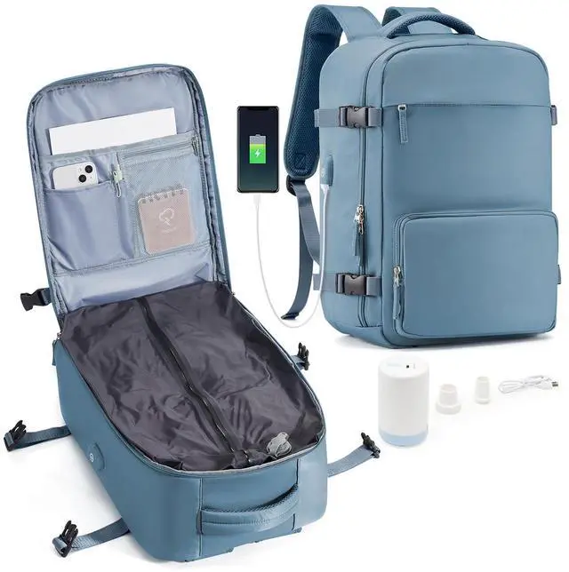 Main image of suradar Vacuum Travel Backpack with Pump Vacuum Compression Seal Vacpack Air Backpack Laptop Backpack for Women Men Carry on Backpack Personal Item Travel Bag Luggage Flight Approved Grey Blue