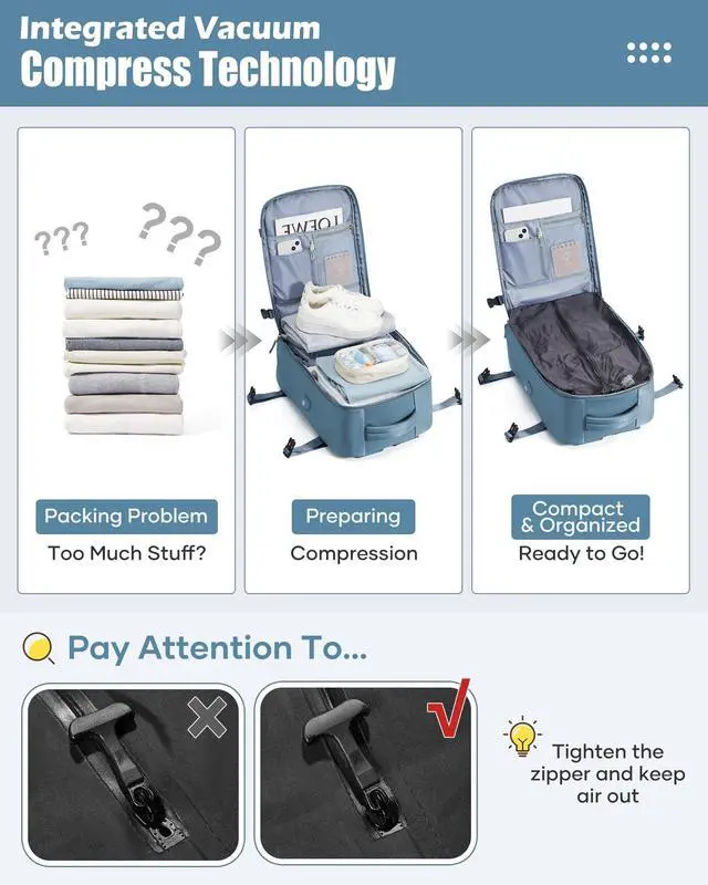 Alt view image 3 of 5 - suradar Vacuum Travel Backpack with Pump Vacuum Compression Seal Vacpack Air Backpack Laptop Backpack for Women Men Carry on Backpack Personal Item Travel Bag Luggage Flight Approved Grey Blue