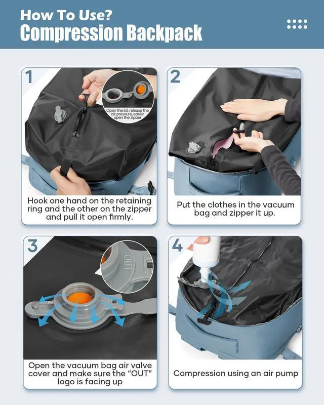 Alt view image 4 of 5 - suradar Vacuum Travel Backpack with Pump Vacuum Compression Seal Vacpack Air Backpack Laptop Backpack for Women Men Carry on Backpack Personal Item Travel Bag Luggage Flight Approved Grey Blue