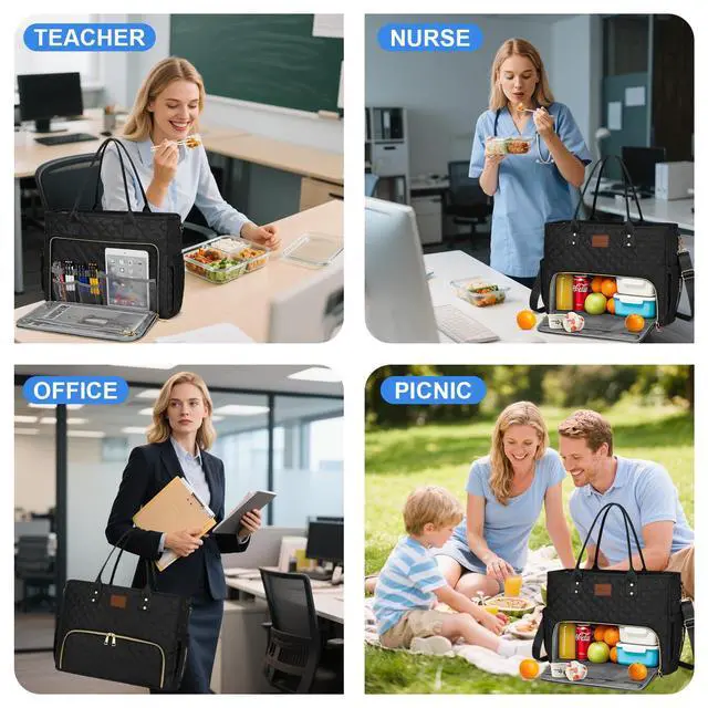 Alt view image 3 of 5 - KKXIU Lunch Tote Bag for Teacher & Nurse, 15.6 Inch Laptop Tote with Insulated Lunch Box Pocket for Women, Professional Computer Work Bag for School, Office, Nursing - Black