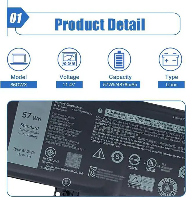 Alt view image 2 of 5 - 57Wh 66DWX Laptop Battery Replace for Dell Latitude 7340 7350 7440 7450 7640 7650 Series WW8N8 086D0Y 86D0Y 00HYH8 0HYH8 11.4V 4878mAh