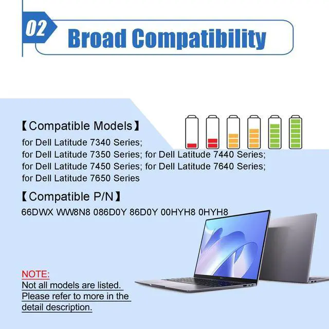 Alt view image 3 of 5 - 57Wh 66DWX Laptop Battery Replace for Dell Latitude 7340 7350 7440 7450 7640 7650 Series WW8N8 086D0Y 86D0Y 00HYH8 0HYH8 11.4V 4878mAh
