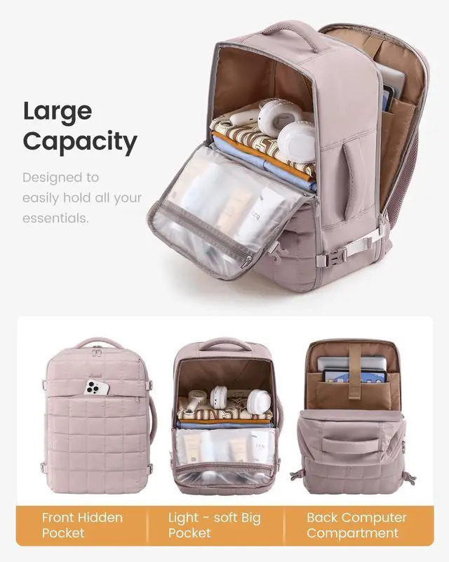 Alt view image 2 of 5 - LOVEVOOK Large Travel Backpack for Women, TSA Carry on Backpacks for Airplanes, 40L Personal Item Travel Essentials Bag with 3 Packing Cubes, Waterproof Puffer Laptop Bag for Weekender Overnight Black