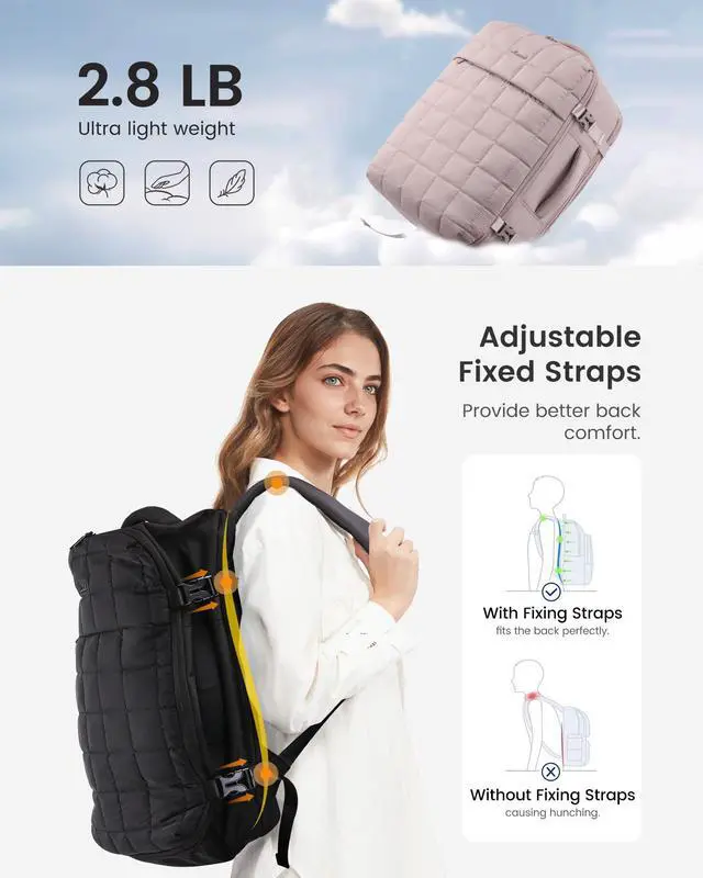 Alt view image 3 of 5 - LOVEVOOK Large Travel Backpack for Women, TSA Carry on Backpacks for Airplanes, 40L Personal Item Travel Essentials Bag with 3 Packing Cubes, Waterproof Puffer Laptop Bag for Weekender Overnight Black