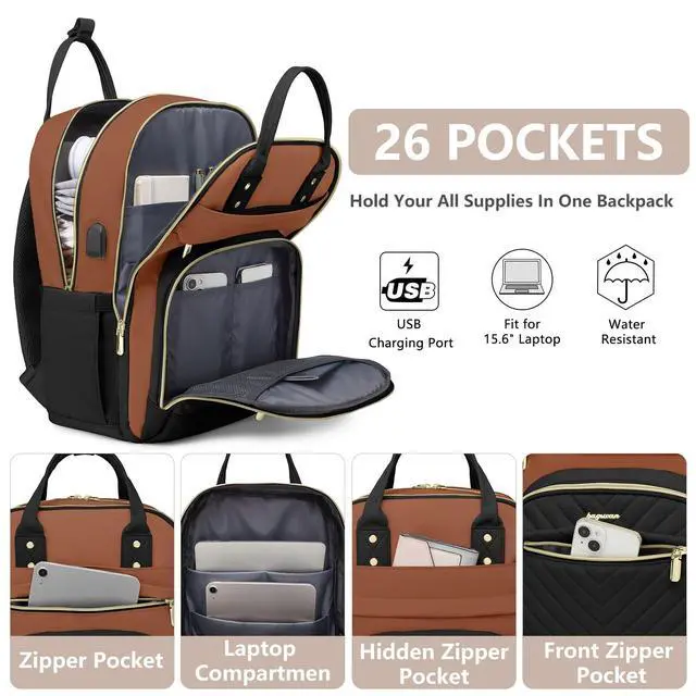 Alt view image 2 of 5 - Laptop Backpack for Women Work Bag - 15.6 inch Travel Backpack with USB Charger College Bookbag Waterproof Business Computer Backpack Anti-theft Casual Backpacks for Nurse Teacher Black Brown
