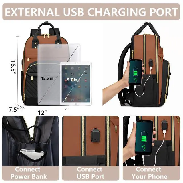 Alt view image 4 of 5 - Laptop Backpack for Women Work Bag - 15.6 inch Travel Backpack with USB Charger College Bookbag Waterproof Business Computer Backpack Anti-theft Casual Backpacks for Nurse Teacher Black Brown