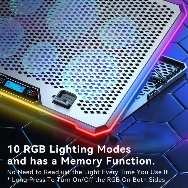 Alt view image 4 of 5 - KYOLLY Aluminum Alloy RGB Gaming Laptop Cooler with 6 Fans and LCD Screen - 10 RGB Modes Memory Function, 4 USB Ports 3.0 and 2.0 Hub, 9 Height Adjustable for 10 to 21 Inch Laptops on Desk or Lap