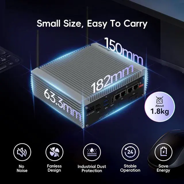 Alt view image 3 of 5 - Dongtintech 4*RJ45 Network Ports Industrial mini PC,Fanless mini pc Alder Lake-N97 Quad-core 8GB+128GB, 1*HDMI, 2*USB3.2, 2*USB2.0, 2*COM RS232/RS485,Windows 11 Pro Linux Samll Desktop Computer