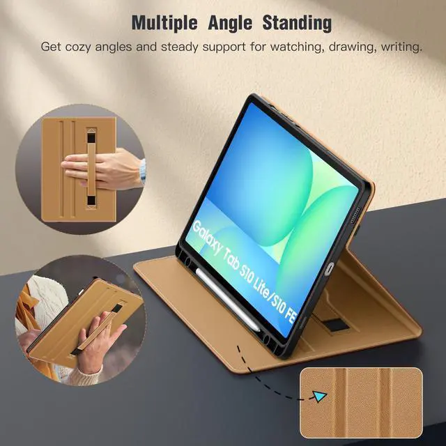 Alt view image 4 of 5 - MoKo Case for Samsug Galaxy Tab S10 Lite/ S10 FE 2025/ S9 FE 10.9 inch/ S9 11 inch 2023 with S Pen Holder, PU Leather Multi-Angle Protective Cover for Galaxy S10 Lite with Hand Strap, Brown