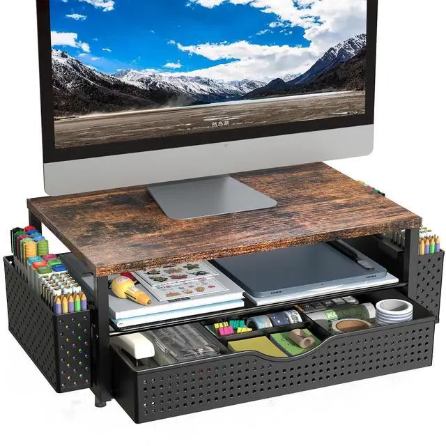 Main image of Desk Organizer and Accessories, Computer Monitor Stand Riser with Drawer and 2 Pen Holders, Office Desk Accessories & Workspace Organizers for Office Supplies (Wood)