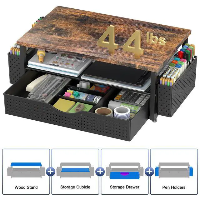 Alt view image 4 of 5 - Desk Organizer and Accessories, Computer Monitor Stand Riser with Drawer and 2 Pen Holders, Office Desk Accessories & Workspace Organizers for Office Supplies (Wood)