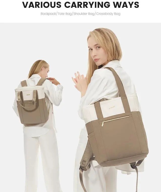 Alt view image 2 of 5 - LOVEVOOK Laptop Backpack for Women, 15.6 Laptop Bag for Women Tote Bag Convertible, Lightweight Travel Backpack for College, Wide Open Work Backpack for Nurse Teacher Water-resistant Khaki