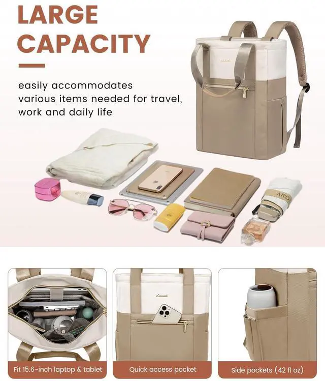 Alt view image 3 of 5 - LOVEVOOK Laptop Backpack for Women, 15.6 Laptop Bag for Women Tote Bag Convertible, Lightweight Travel Backpack for College, Wide Open Work Backpack for Nurse Teacher Water-resistant Khaki