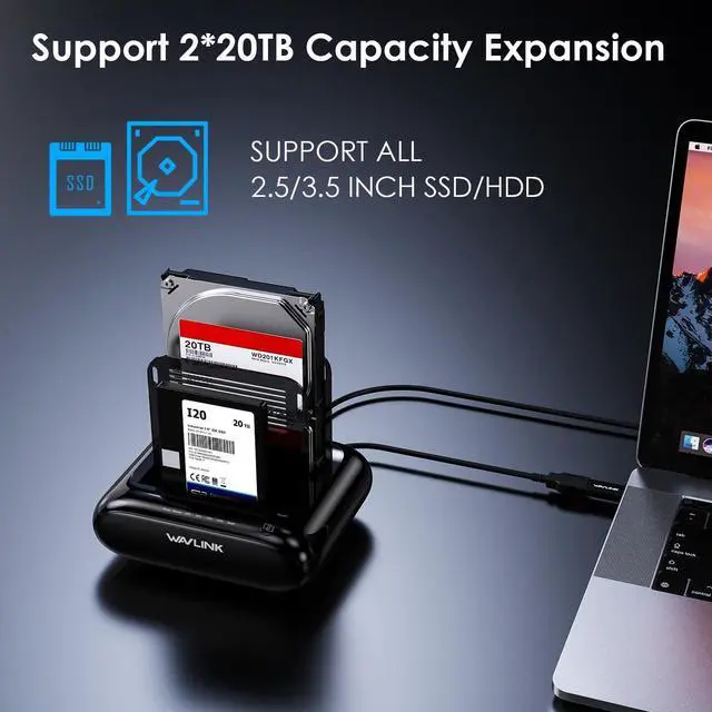 Alt view image 3 of 5 - WAVLINK Dual Bay Hard Drive Docking Station - USB 3.0 to SATA I/II/III for 2.5" & 3.5" HDD/SSD with Fixed Bezel, Supports Offline Clone/Duplicator Function, Supports 2x20TB with UASP 6Gbps - Black