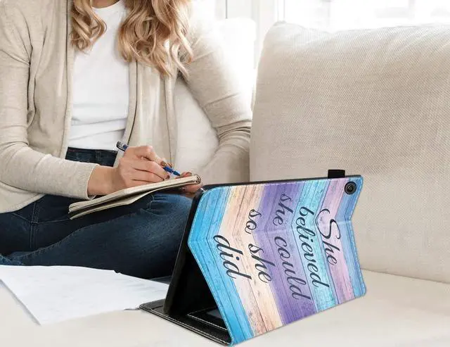 Alt view image 4 of 5 - Case for Kindle Fire HD 10 Tablet 10.1" (9th/7th Generation, 2019/2017 Release), Slim PU Leather Stand Flip Cover with Card Slot & Pencil Holder, She Believed She Could So She Did Inspirational Quote