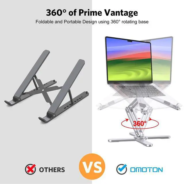 Alt view image 2 of 5 - OMOTON 360° Rotating Laptop Stand Riser for Desk, Ergonomic Foldable Computer Stand Adjustable Height Angles for Collaborative Work, Easy Storage Fit Macbooks,All Laptops up to 16 inches, Silver