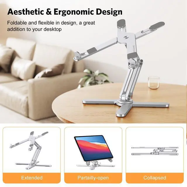 Alt view image 3 of 5 - OMOTON 360° Rotating Laptop Stand Riser for Desk, Ergonomic Foldable Computer Stand Adjustable Height Angles for Collaborative Work, Easy Storage Fit Macbooks,All Laptops up to 16 inches, Silver