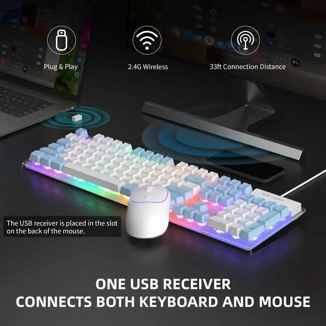 Alt view image 2 of 4 - MageGee V550 Wireless Gaming Keyboard and Mouse, 2.4G Full-Sized RGB LED Computer Keyboards with Transparent Shell, Rechargeable Quiet Cordless Mouse & Keyboard Combo for Laptop/PC (Blue & White)