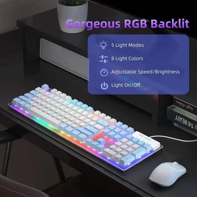 Alt view image 4 of 4 - MageGee V550 Wireless Gaming Keyboard and Mouse, 2.4G Full-Sized RGB LED Computer Keyboards with Transparent Shell, Rechargeable Quiet Cordless Mouse & Keyboard Combo for Laptop/PC (Blue & White)