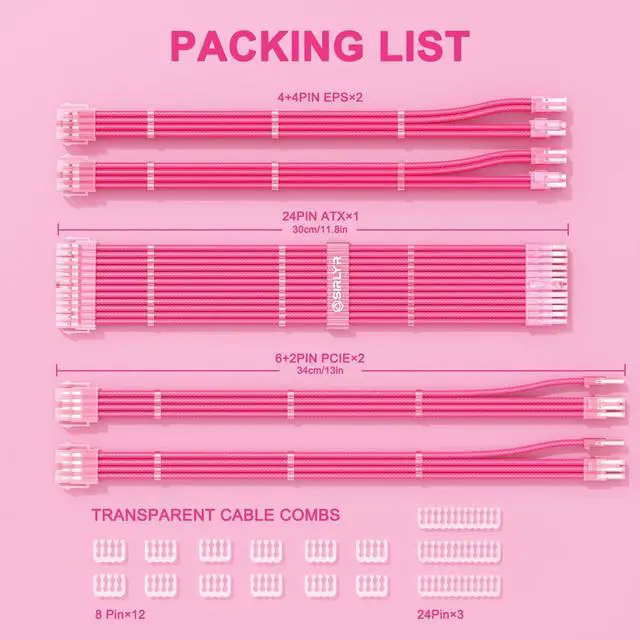 Alt view image 2 of 5 - Sirlyr PSU Cable Extension Kit - 8Pin PCIE (34cm), 24Pin ATX & EPS (30cm), 16AWG Power Supply Cables with Combs, Soft Braided Sleeve for PC Build (Pink)