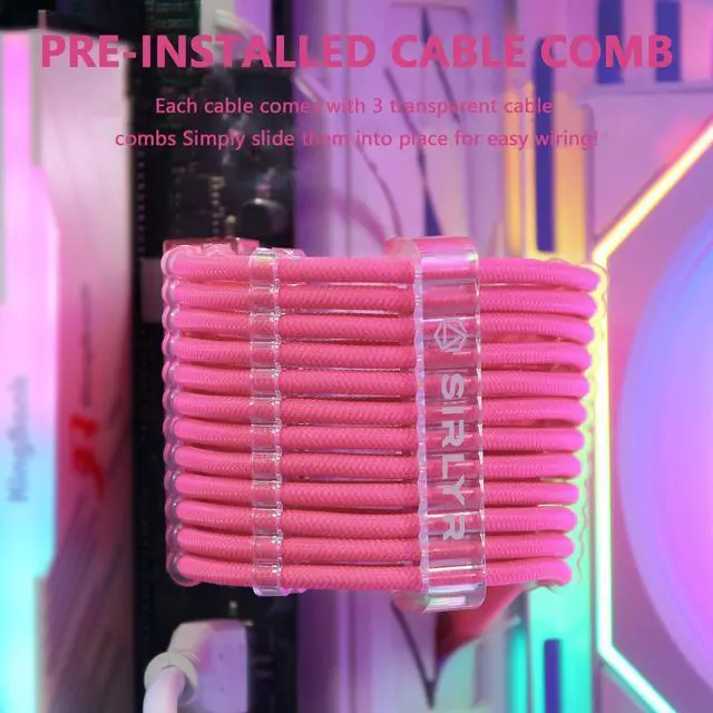 Alt view image 3 of 5 - Sirlyr PSU Cable Extension Kit - 8Pin PCIE (34cm), 24Pin ATX & EPS (30cm), 16AWG Power Supply Cables with Combs, Soft Braided Sleeve for PC Build (Pink)