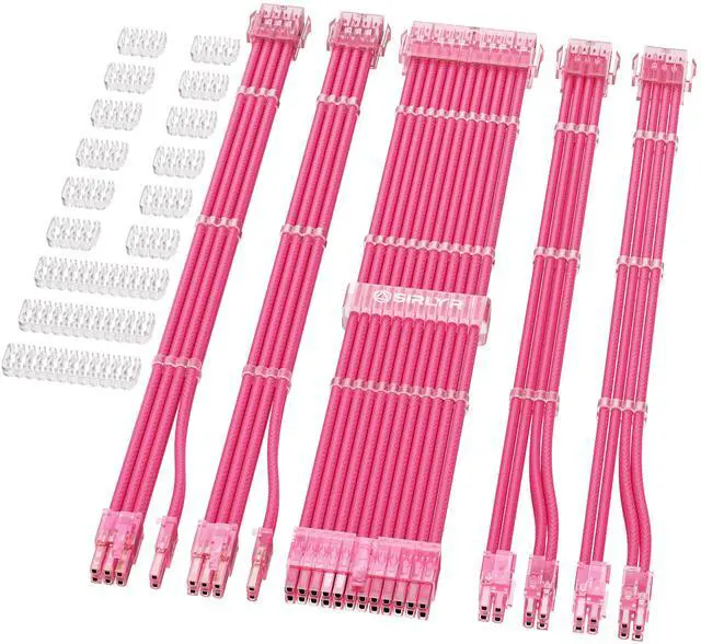 Main image of Sirlyr PSU Cable Extension Kit - 8Pin PCIE (34cm), 24Pin ATX & EPS (30cm), 16AWG Power Supply Cables with Combs, Soft Braided Sleeve for PC Build (Pink)