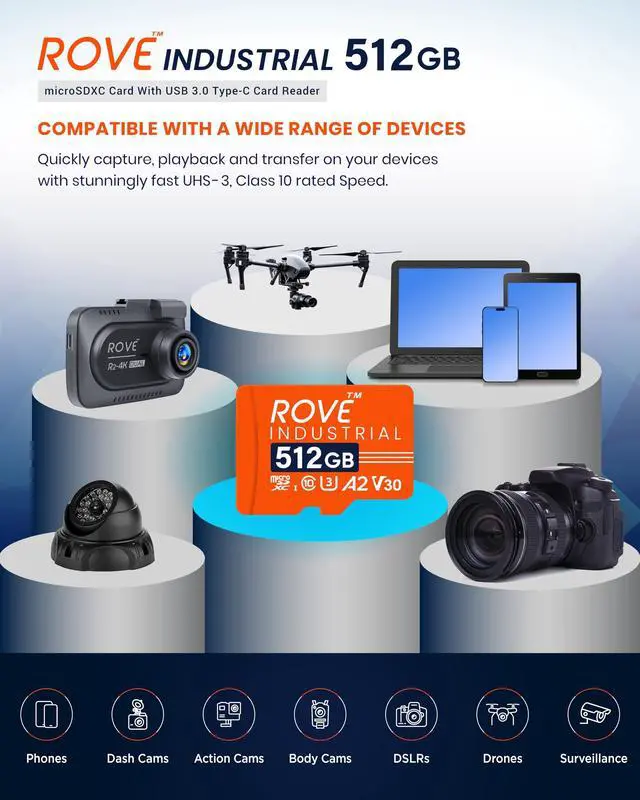 Alt view image 5 of 5 - ROVE Industrial 512GB Micro SD Card with USB 3.0 Type C Card Reader, High Endurance microSDXC Memory Card 100MB/s Read Speed, C10, U3, V30, 4K, A2 for Dash Cam, Android Smart Phones, Tablets, Games