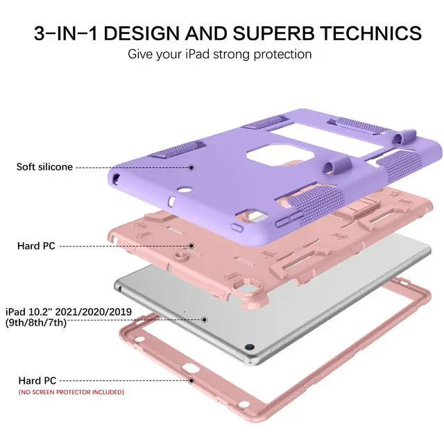 Alt view image 3 of 5 - BENTOBEN iPad Case - 3 in 1 Heavy Duty Rugged Shockproof Protective Cover with Stand & Pen Holder, Purple