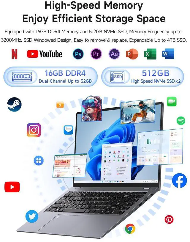 Alt view image 4 of 5 - BLUEING Gaming-Laptop-Computer, 12th Gen 12-Core i5-1240P (Beat i5-12450H, Up to 4.4GHz) 16GB DDR4 512GB NVMe, Win11 Laptop, 15.6" FHD IPS Display,Fingerprint,Backlit,WiFi 6,BT5.2,65W Type-C